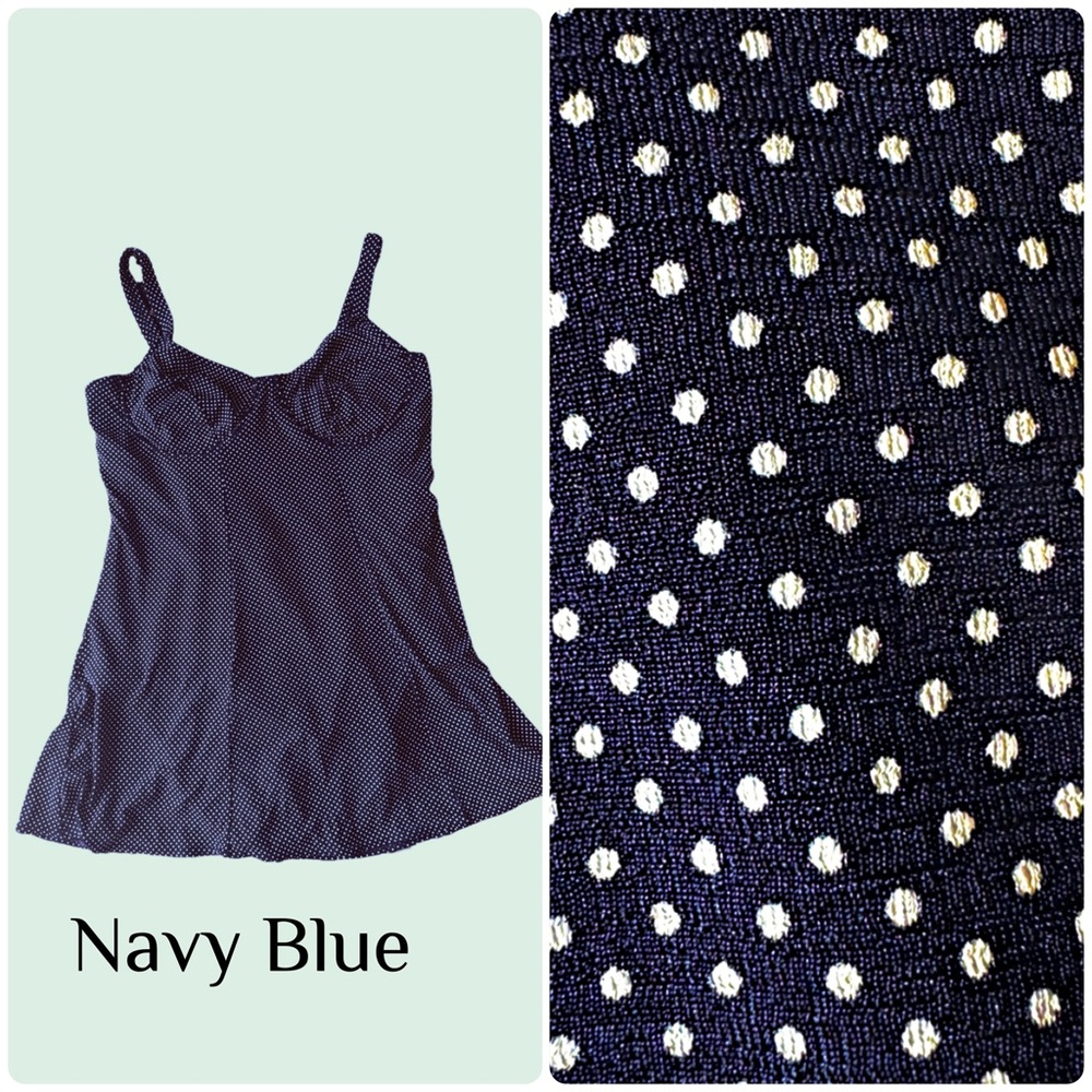 Swimdress Navy Blue w\White Polka Dot Wire Bra, Unlined  1X Cup Size C/D
